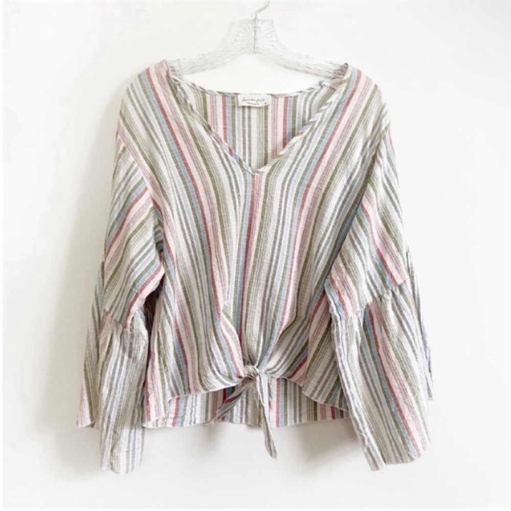 Lavender Field Anthropologie shirt striped tie front bell sleeves oversized